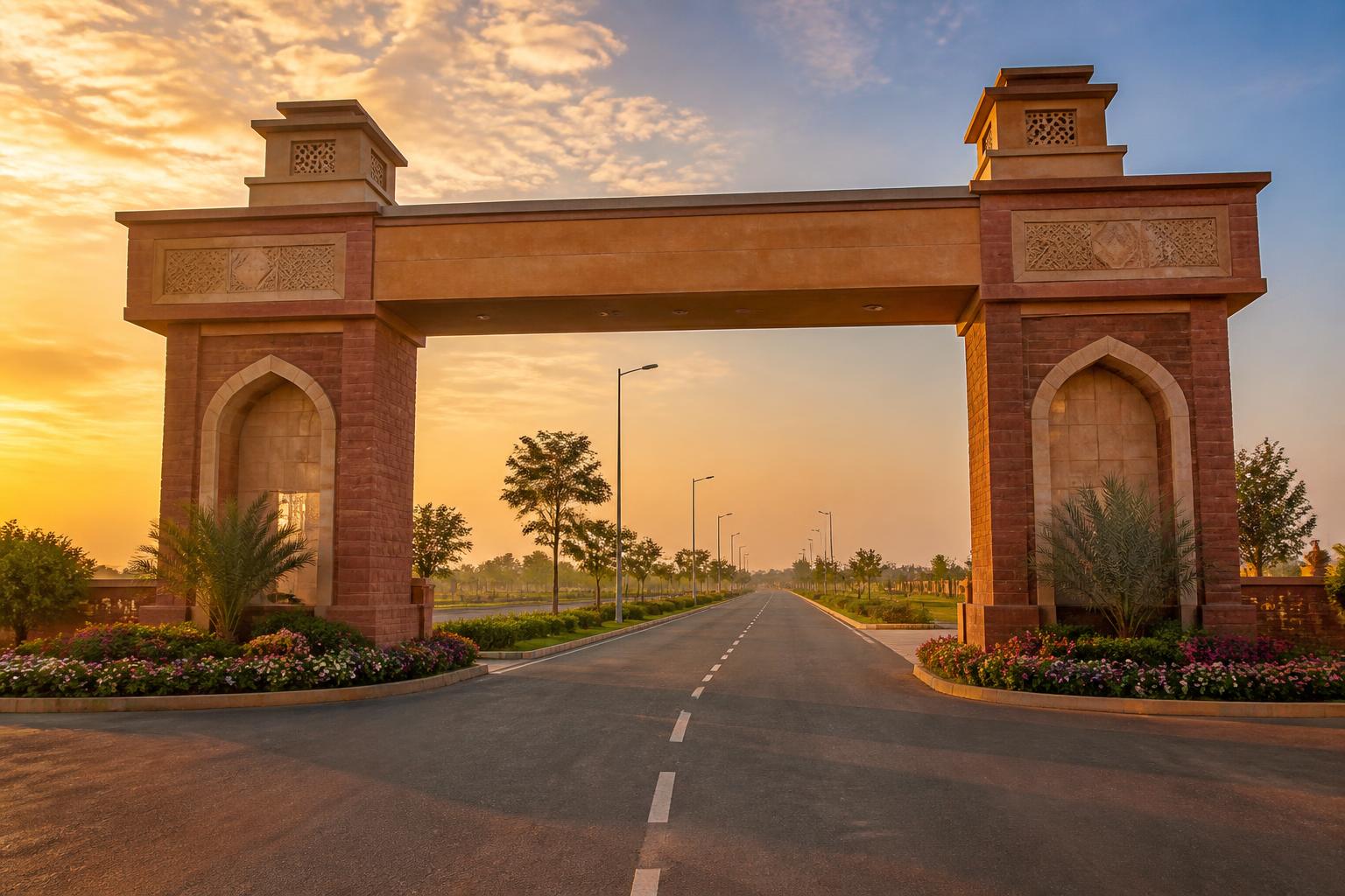 Grand entrance gate of Shakti Vihar Yojna township at golden hour